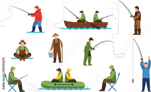 Fishing Activity Illustration Set with Fishermen Catching Fish from Boat River and Shore Outdoor Hobby and Recreation Collection Design