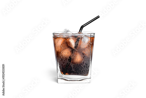 Soda with ice in a transparent glass isolated on a white background. High quality photo