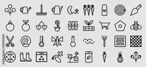 Sustainable gardening and organic farming line icons. Minimalist monoline pictograms for horticulture, backyard cultivation, and agricultural tool branding.