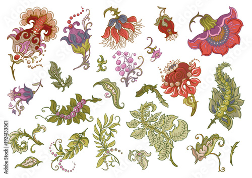 Wallpaper Mural Set of vintage floral elements. Ornate hand-drawn botanical motifs for classic design. Flowers, foliage, stems create refined backgrounds for textile, wallpaper, and heritage projects. Torontodigital.ca