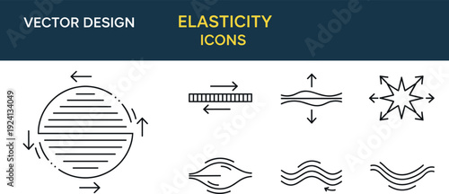Set of vector elasticity icons showing stretch compression arrows waves and flexible motion lines in minimalist linear style