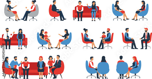 Business Meeting and Interview Illustration Set with People Discussing in Office Chairs Representing Communication Consultation and Professional Teamwork Concepts