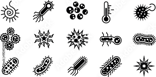 Set of black mushroom silhouettes, fungus icon collection, forest toadstool shapes, organic nature elements, autumn botanical vector, isolated fungal graphics, garden.