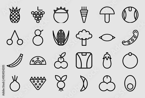 Healthy organic food and grocery shopping line icons featuring fresh fruits and vegetables in a chunky geometric monoline aesthetic for nutrition apps.
