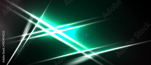 Abstract light streaks intersect dark background. Bright turquoise glow emanates from central point, creating dynamic visual effect.