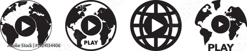 Video play button icon set. Includes play button, video icons, globe symbols. Created in black and white style with monochrome palette vector silhouette