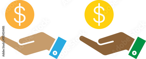 Hands offering dollar coins in diverse business transaction