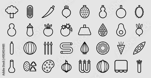 Vegetable and organic produce outline pictograms for culinary apps and healthy lifestyle branding. Minimalist monoline icons featuring farm-fresh ingredients and nutrition concepts.