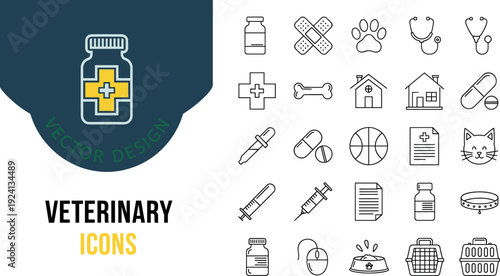 Set of veterinary and pet care line icons including medicine, clinic tools, animals, and animal healthcare symbols.