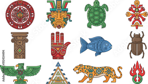 Mesoamerican Aztec Symbols Illustration Set with Calendar Eagle Jaguar Pyramid and Traditional Cultural Motifs for Historical Heritage Design