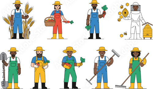 Farmers and Agricultural Workers Illustration Set with Harvest Crops Tools Beekeeping and Gardening Activities for Rural Farming Lifestyle Design