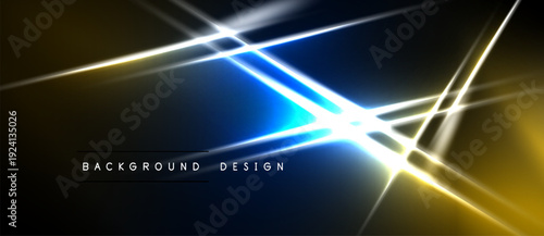 Abstract design features vibrant lines, bright flares. Dark background contrasts with glowing yellow, blue elements. Modern, energetic aesthetic.