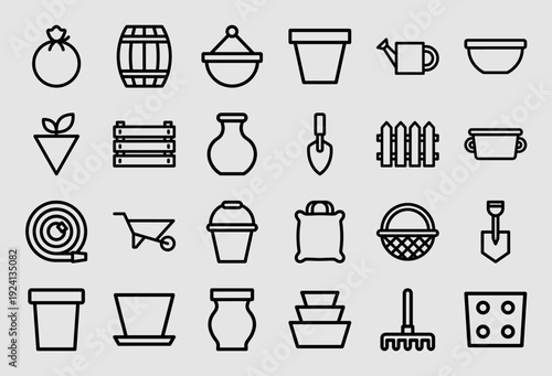 Gardening and urban farming equipment line icons for landscaping services and horticulture. Professional monoline pictograms featuring planting tools and nursery containers.