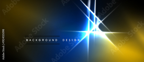 Abstract background features vibrant blue, yellow gradients. Bright light streaks radiate from central point. Text reads background design.
