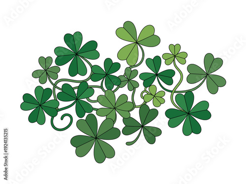 A collection of stylized green shamrocks and clover leaves are arranged organically on a white background for decoration.