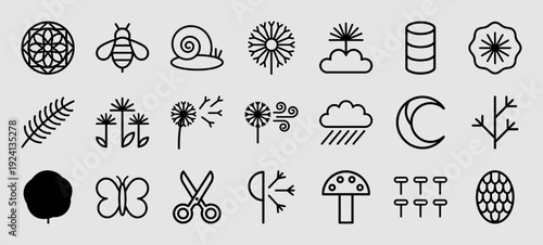 Nature inspired monoline line art elements featuring botanical motifs, insects, and weather symbols. Minimalist geometric pictograms for sustainable branding and organic garden infographics.