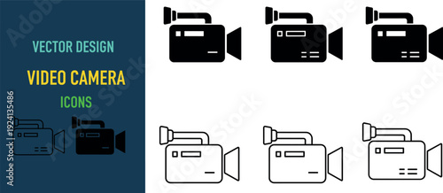 Set of video camera recording icons in outline and filled monochrome styles for media and broadcast design.