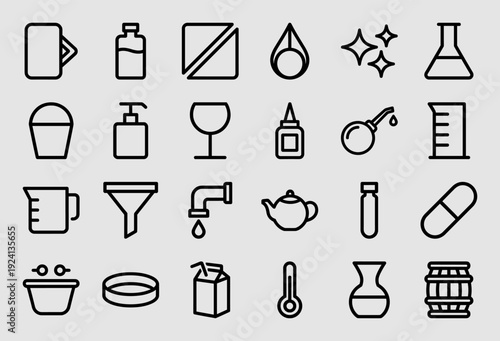 Laboratory glassware and fluid handling monoline pictograms for chemical research and medical science. Professional chunky-geometric icons featuring beaker, flask, and medicine symbols.