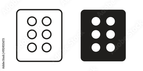 Dice six icon vector pack. Thin linear and black flat style.