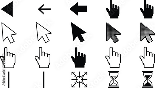 Cursor and Pointer Icon Set with Arrows Click Hand Mouse Indicators and Interface Symbols for Web Navigation and UI Design Collection