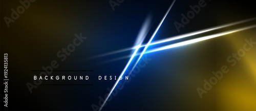 Abstract background features bright lines, gradients. Dark tones dominate with gold, blue highlights. Modern design element.