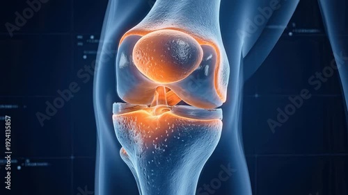 Detailed medical animation of knee joint and ligament pain. Red glow indicates inflammation in the patella and cruciate ligaments.