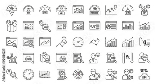 Collection of various business and technology icons representing data analysis and management in a modern setting