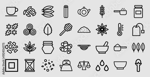 Artisanal herbal tea brewing and spice infusion line icons. Minimalist monoline pictograms for organic beverage branding, cafe menus, and wellness packaging.