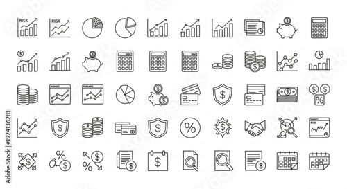 Collection of various business and finance icons displayed on a clean white background, representing data analysis, security, and financial growth.