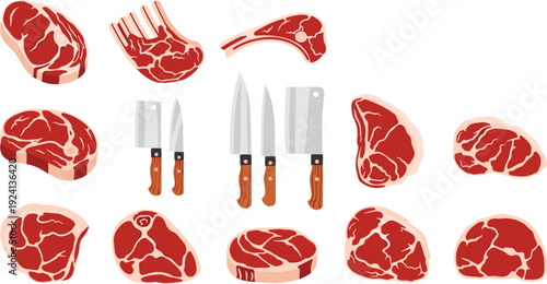 Flat Vector Illustration of Various Raw Beef Steaks and Meat Cuts Next to Professional Butcher Knives and Cleavers for Food Industry and Grocery Designs