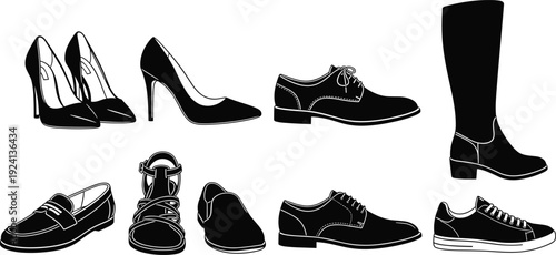 Collection of men and women shoes silhouettes including high heels boots loafers sneakers and formal footwear isolated vector illustration set