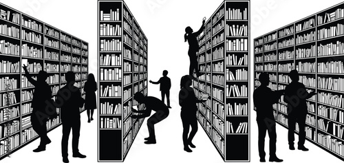 Library interior with bookshelves and people reading searching and studying silhouettes isolated black vector illustration on white background