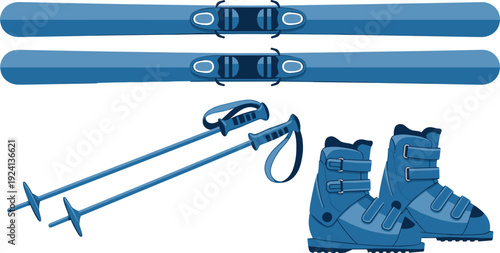 Flat Vector Illustration of Professional Winter Sports Gear Including Blue Alpine Skis, Adjustable Poles, and Heavy Duty Snow Boots for Mountain Skiing Designs