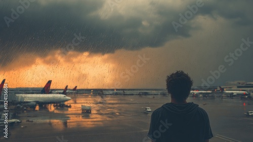 Traveler Looks out Terminal Window at Grounded Airplane While Storm Clouds Fill the Sky and Rain Falls Outside in a Busy Airport