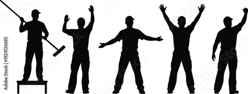 Window cleaner worker silhouette set holding squeegee with waving welcoming and presenting poses isolated vector illustration collection