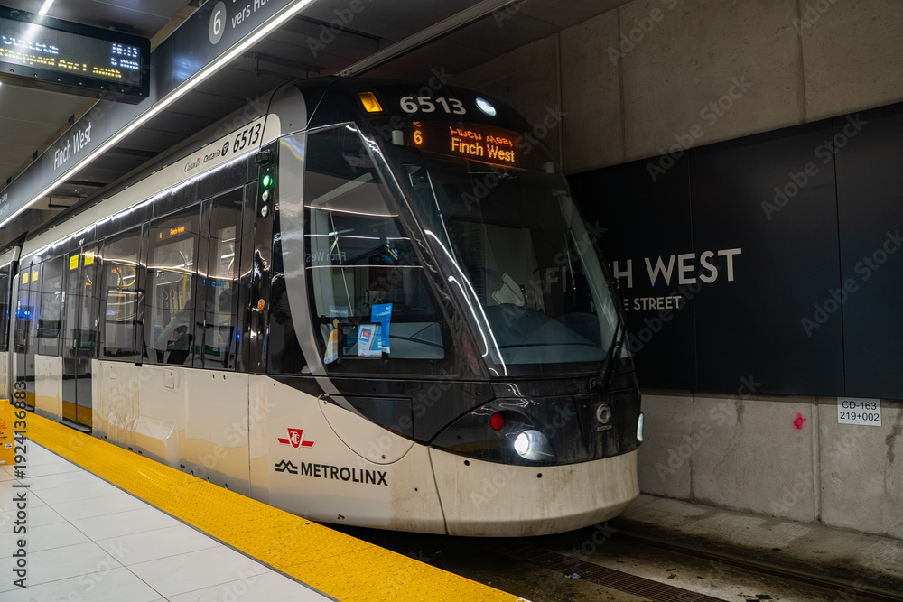 Fototapeta premium View of Line 6 Finch West Line train at platform. Toronto, Canada - February 16, 2026.