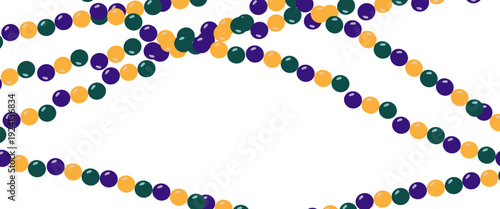 Colorful Mardi Gras bead garlands in purple, green and gold on white background, perfect for carnival party invitations, festive banners and holiday designs