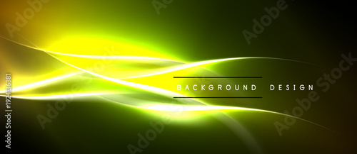 Abstract neon lines create vibrant yellow, green glow. Dark background emphasizes luminous curves, modern design element.