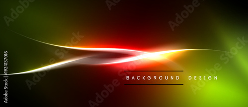 Abstract vibrant background. Smooth lines blend yellow, red, green hues. Dark edges frame bright central glow. Modern design element.