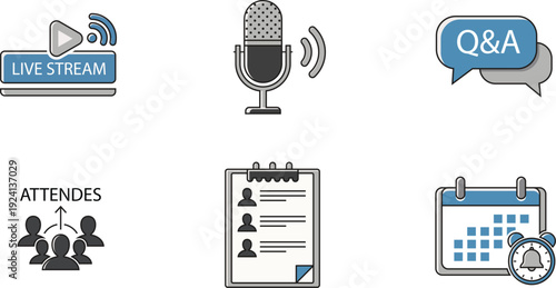Webinar and q a session icons with attendees and schedule