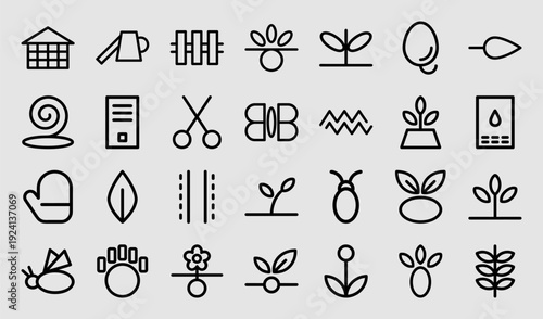 Sustainable gardening and organic farming line icons. Minimalist monoline pictograms for botanical cultivation, seedling growth, and environmental agriculture concepts.