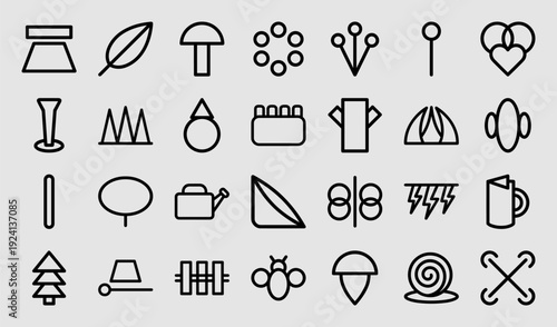 Abstract geometric nature and environmental monoline icons for sustainable branding. Minimalist bold line symbols featuring organic shapes and garden elements.