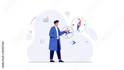 Man holding compass, business strategy, navigation, and direction concept