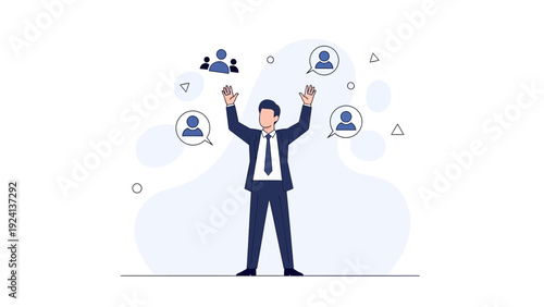 Businessman juggling human resources icons, teamwork, recruitment, and management concept