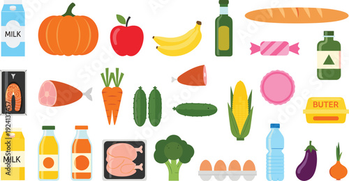 Large Flat Vector Icon Set of Fresh Groceries Including Vegetables, Fruit, Meat, Dairy, and Healthy Snacks for Supermarket and Nutrition Related Designs