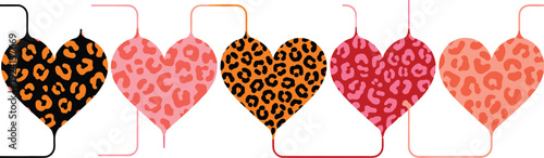 Set of heart shaped clothes hangers with leopard pattern, trendy animal print fashion design elements for apparel branding and modern decorative graphics