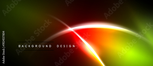 Abstract vibrant lines, curves, gradients. Red, green, yellow hues dominate dark background. Modern design element.