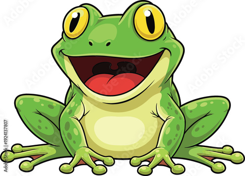 Cute smiling frog cartoon character sitting and laughing, funny green amphibian mascot vector illustration for kids, education, stickers, and playful design