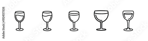 Wine glass and beverage drinkware outline icon set featuring crystal stemware for alcohol cocktail party or restaurant service vector illustration editable stroke