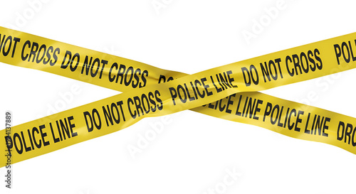 Crossed yellow police line do not cross caution tape strips, restricted area warning barrier for crime scene investigation isolated on transparent background

